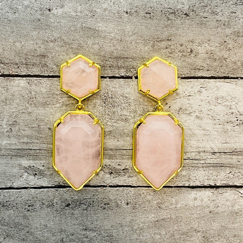 Gemstone Rose Quartz Gold-toned Dangle Earrings, Bohemian Style Jewelry